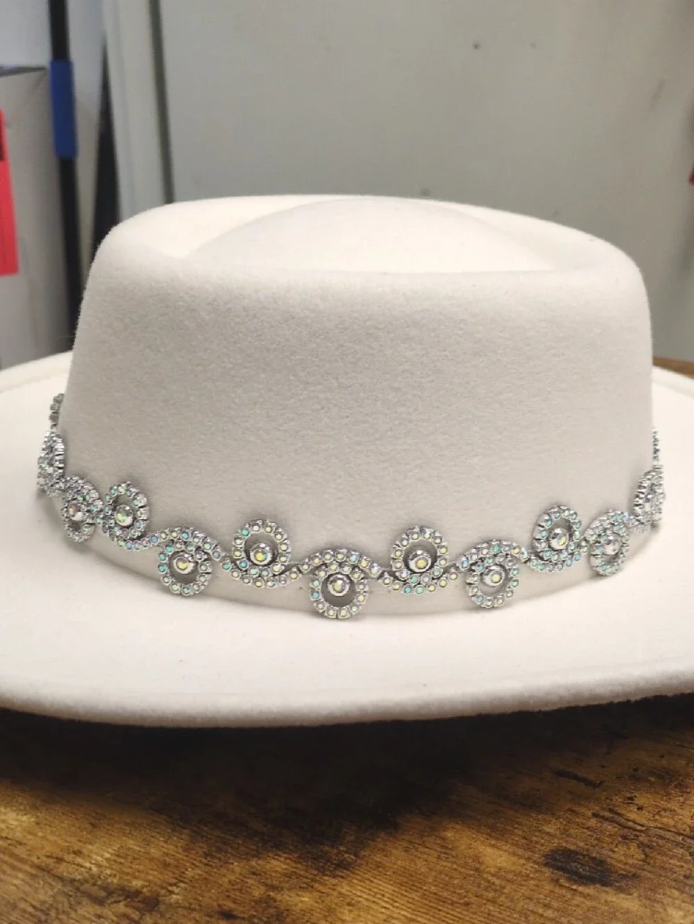 Crystal-Embellished White Wool Felt Cowboy Hat